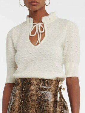 NWT GANNI - Pointelle knit wool-blend top Cream Size M